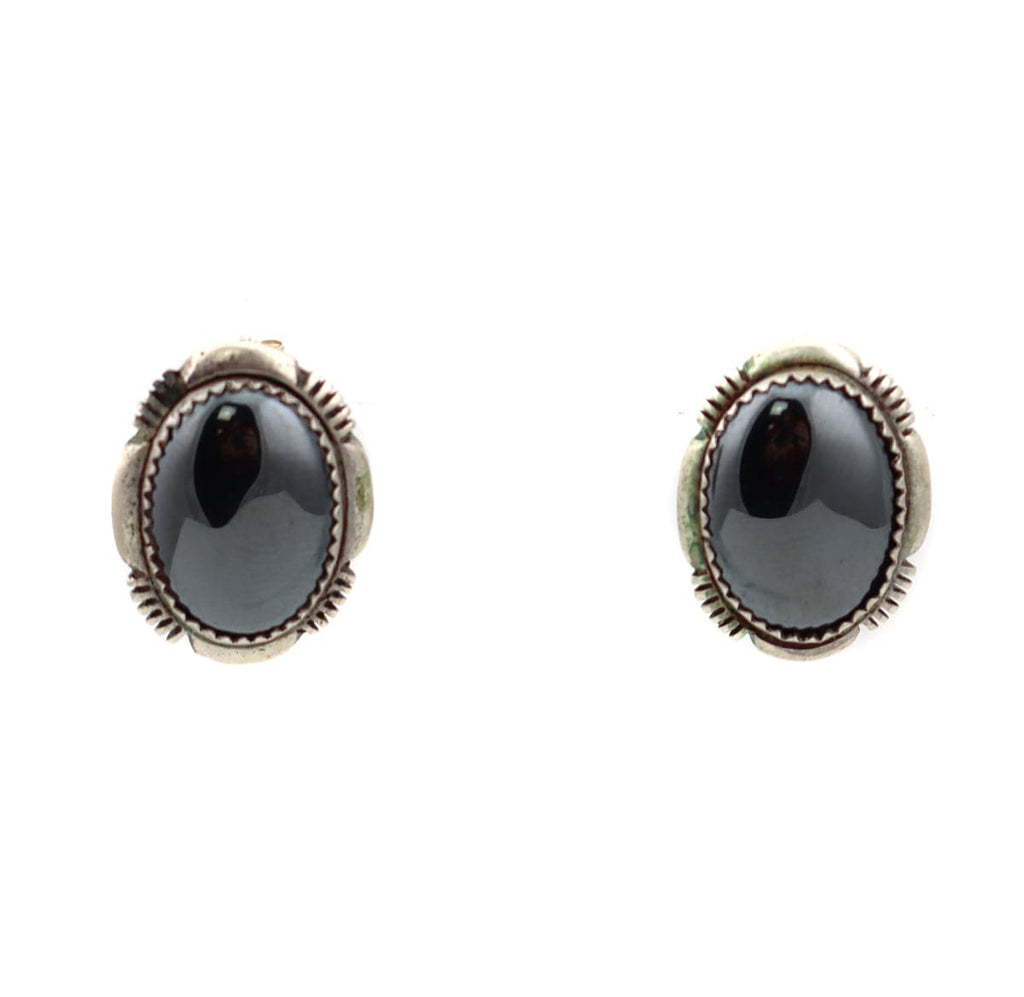 Navajo Hematite and Silver Post Earrings c. 1970s, 1" x 0.75" (J13870)
