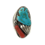 L. T. - Zuni Turquoise, Coral, and Silver Ring, Size 13 (J13899)
