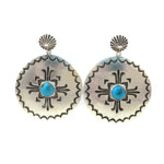 Kee Nataani - Navajo Contemporary Morenci Turquoise and Sterling Silver Hook Earrings with Stamped Design, 2" x 1.5" (J13901)