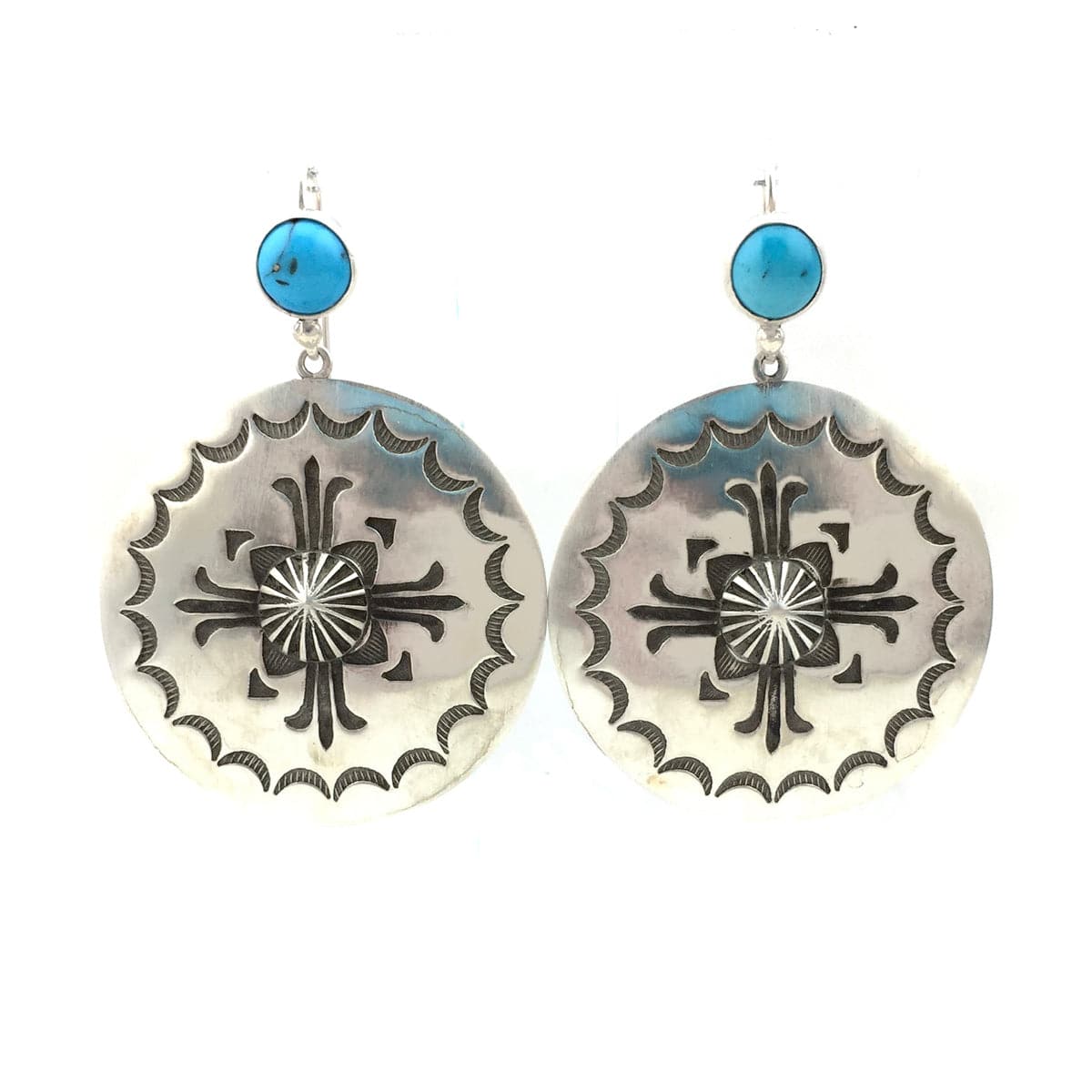 Kee Nataani - Navajo Contemporary Morenci Turquoise and Sterling Silver Hook Earrings with Stamped Design, 2" x 1.5" (J13903)