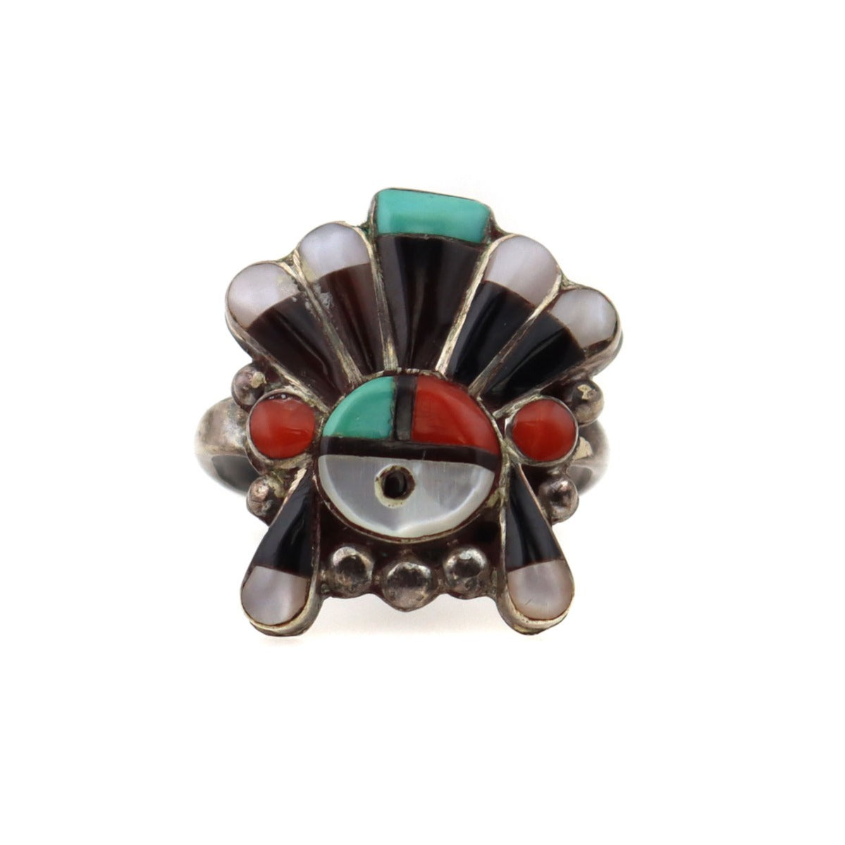 Zuni Multi-Stone and Silver Ring with Sunface Kachina Design c. 1950-60s, size 4.5 (J13978)
