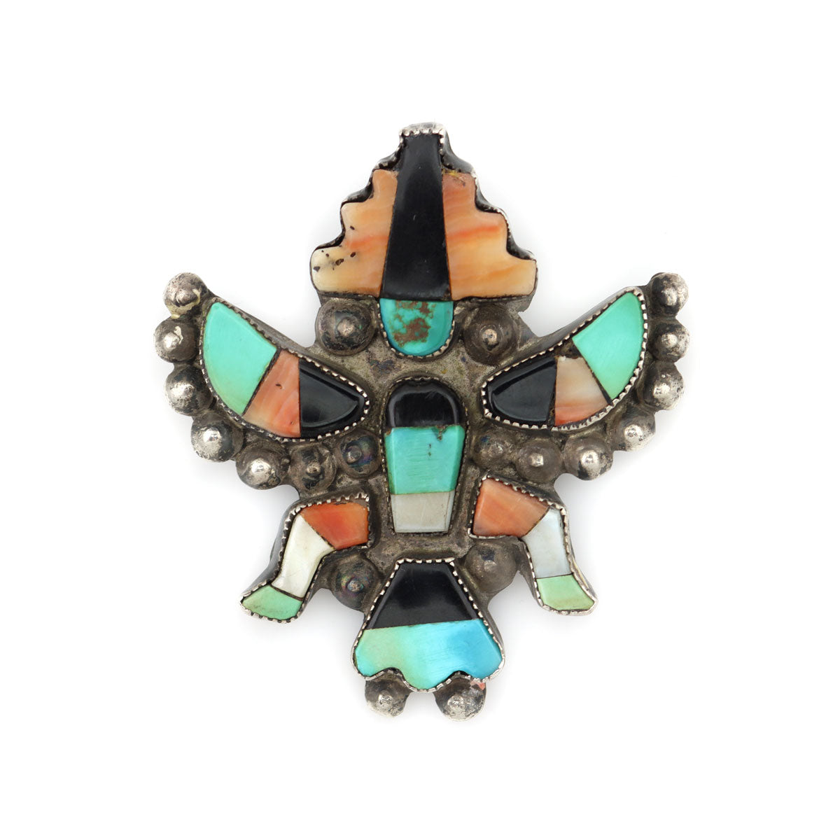 Zuni Multi-Stone Inlay and Silver Knifewing God Pin c. 1940s, 2.125" x 2" (J14031-CO)