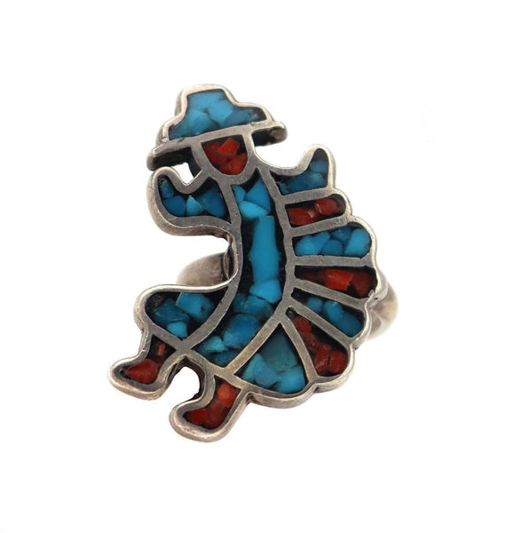 Frank Vacit - Zuni Turquoise and Coral Chip Inlay and Silver Ring with