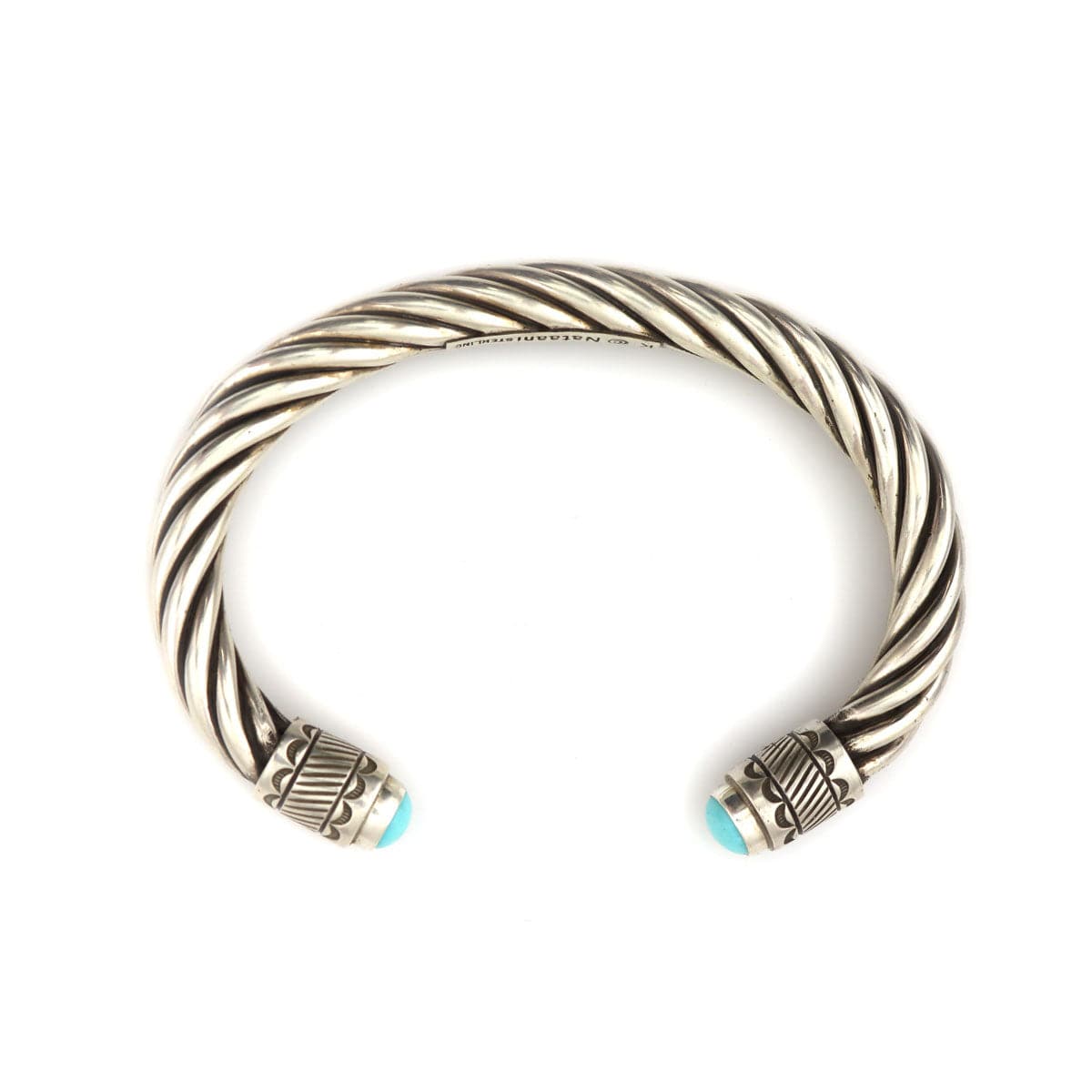 Kee (Karl) Nataani â€“ Navajo Sterling Silver Twisted Cable Design Bracelet with Turquoise on Terminals, Contemporary (J14184-002)4