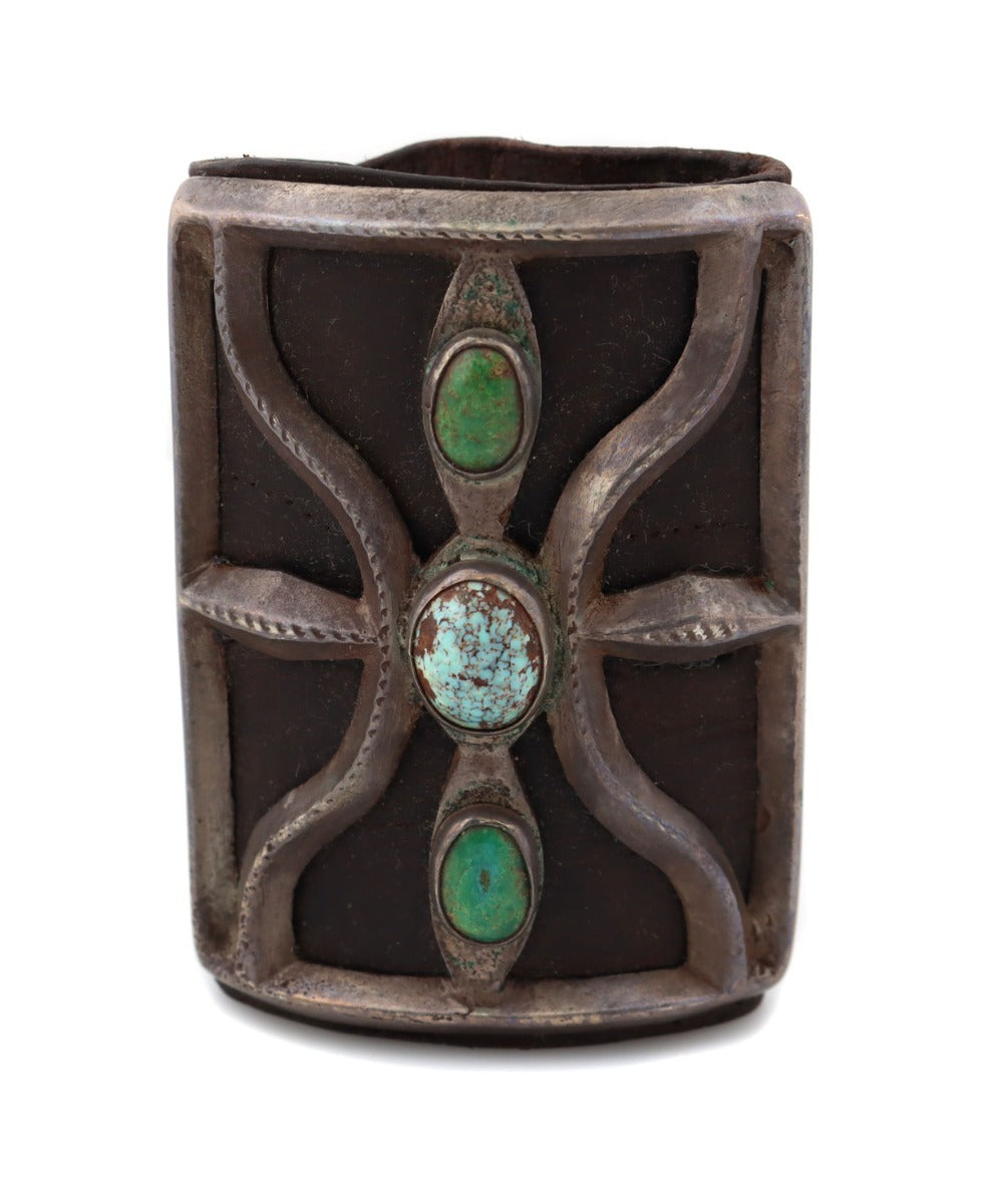 Navajo Turquoise, Silver Sandcast, and Leather Ketoh c. 1910-20s, 3.5" x 2.5" (J14190-008-CO)