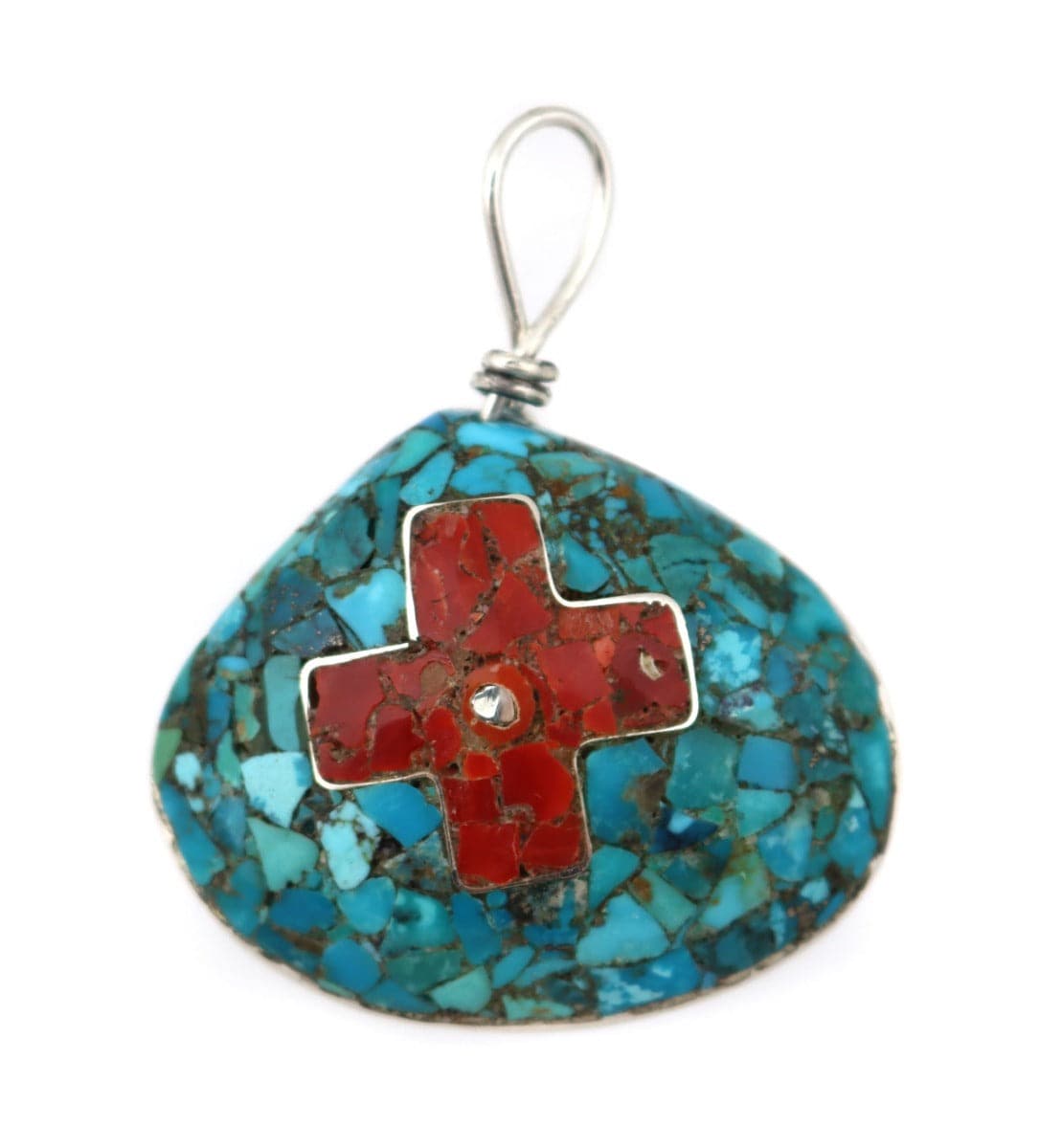 Mary Lovato - Santo Domingo (Kewa) Turquoise and Coral Mosaic Inlay and Silver Shell Pendant with Cross Design, 2.75" x 1.875" (J14251)
