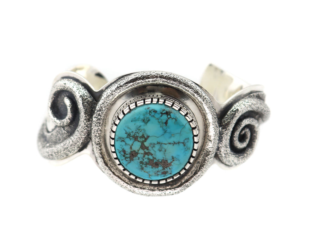 Roy Talahaftewa - Hopi Contemporary Turquoise and Silver Sandcast Bracelet with Spiral Design, size 7 (J14263)