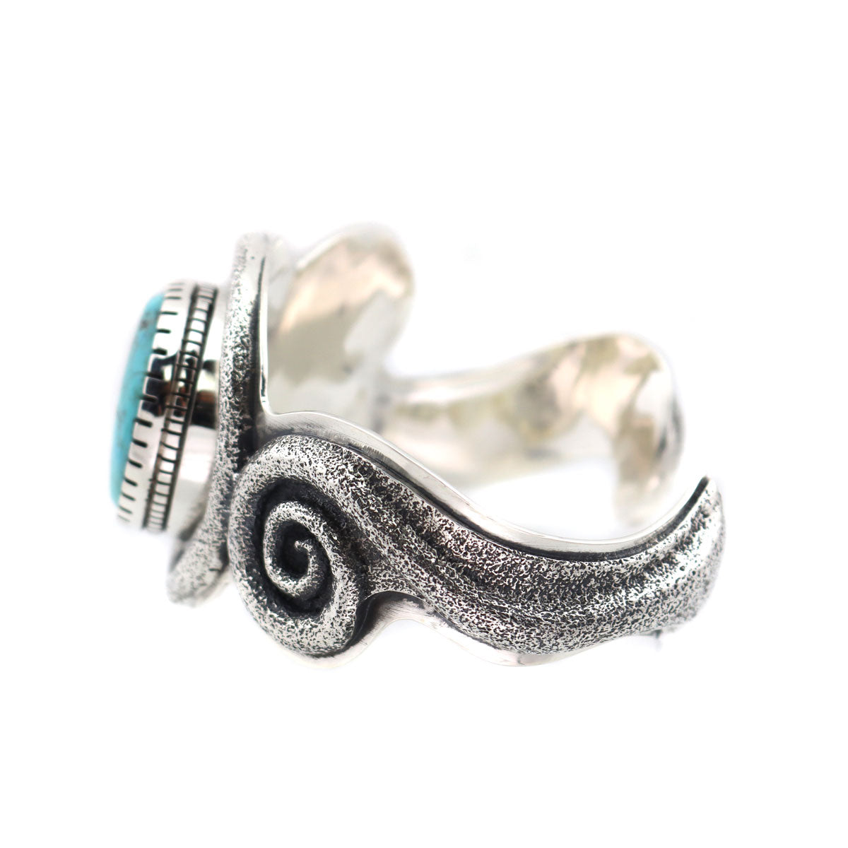 Roy Talahaftewa - Hopi Contemporary Turquoise and Silver Sandcast Bracelet with Spiral Design, size 7 (J14263)1