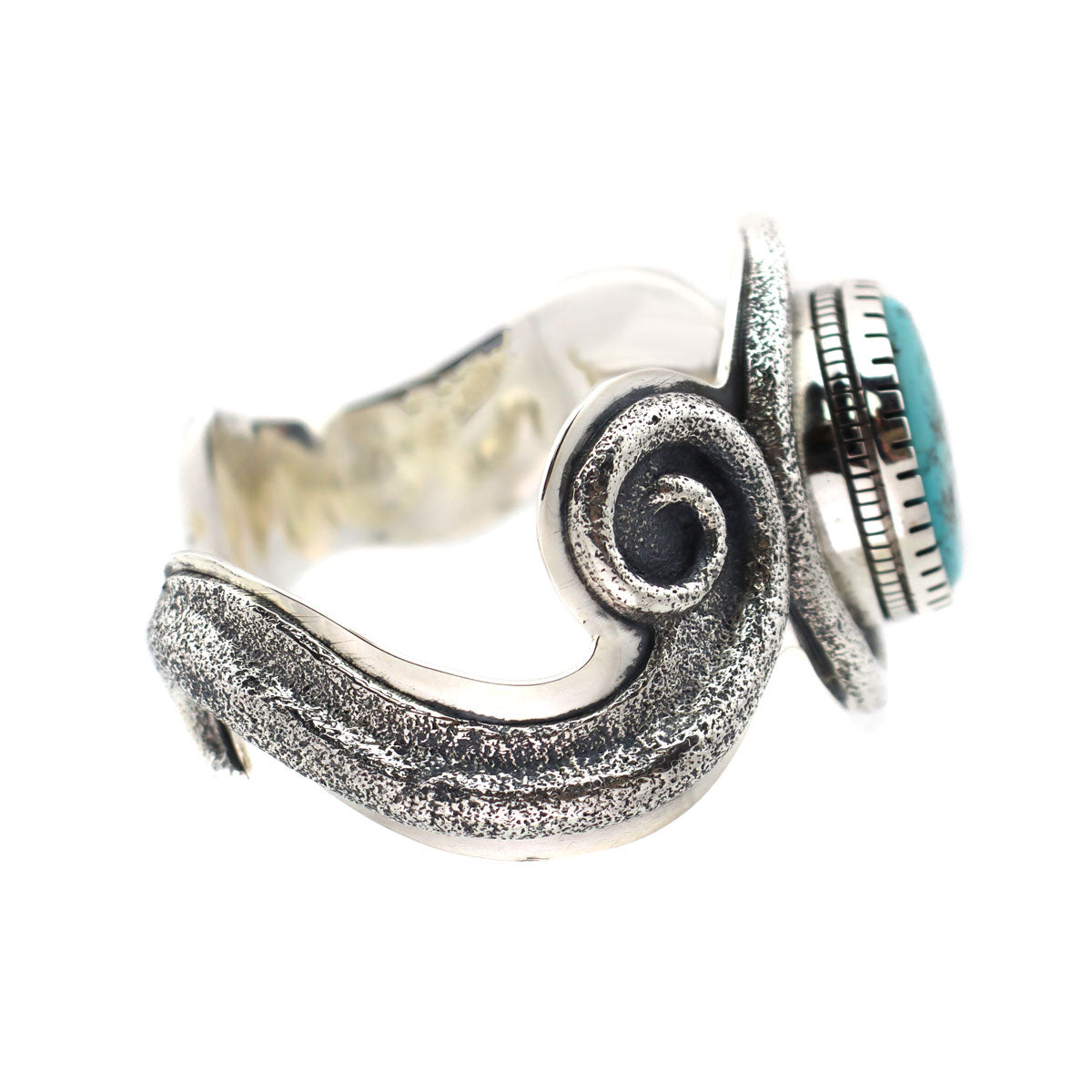 Roy Talahaftewa - Hopi Contemporary Turquoise and Silver Sandcast Bracelet with Spiral Design, size 7 (J14263)3