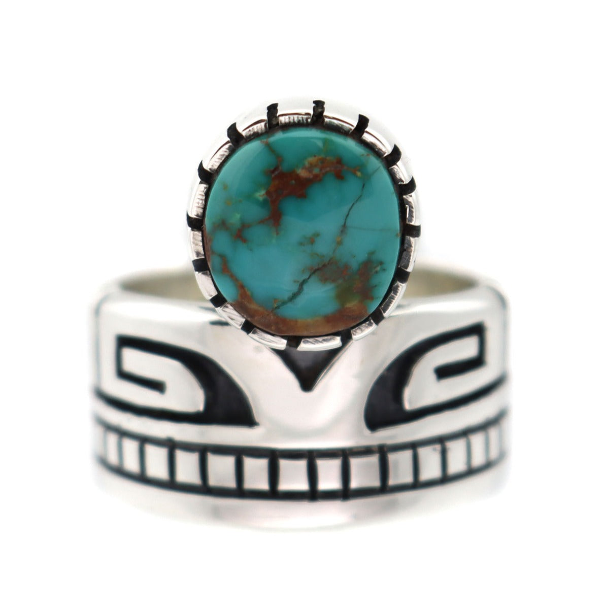 Roy Talahaftewa - Hopi Contemporary Turquoise and Silver Overlay Ring, size 9 (J14265)