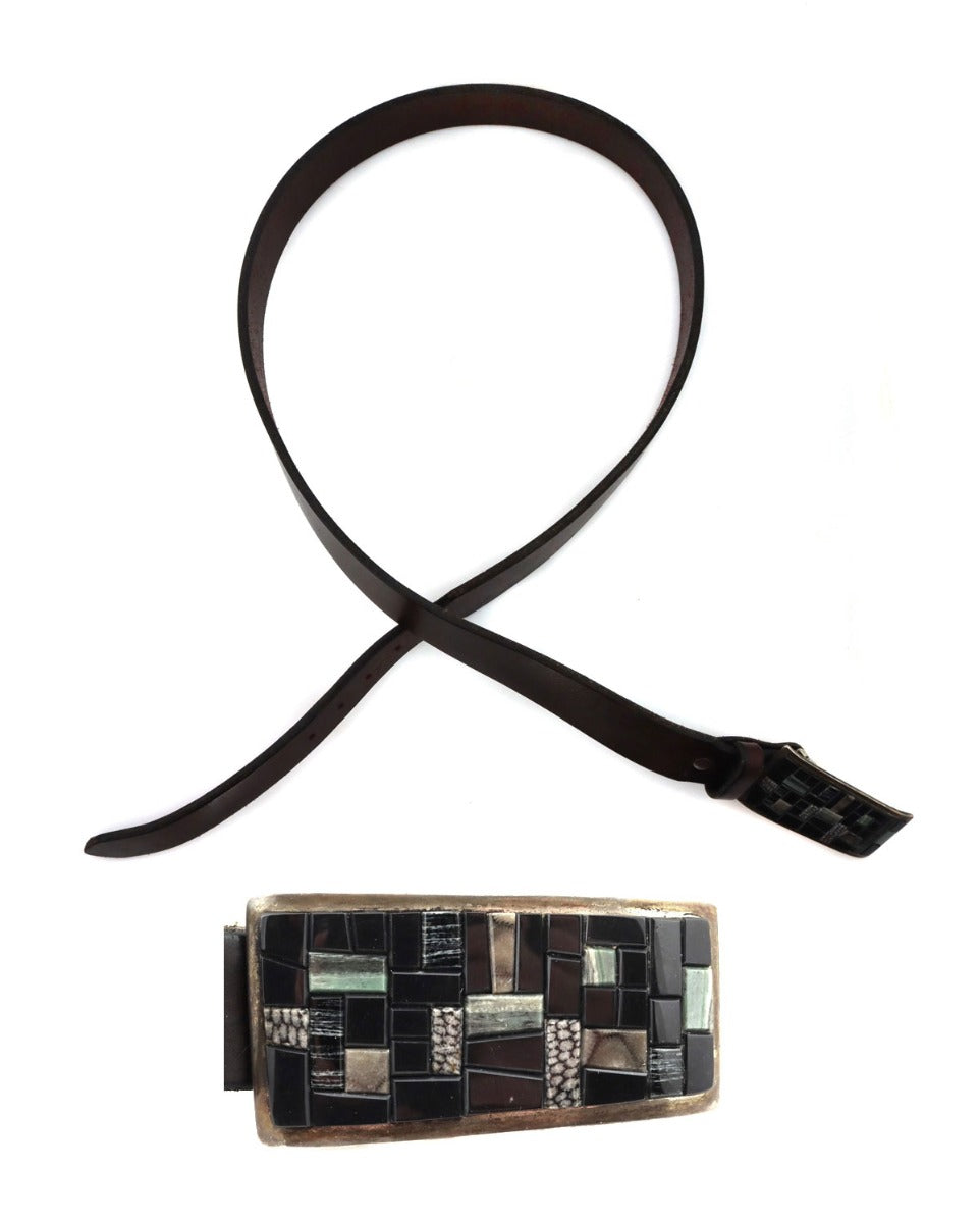 Tommy Jackson (b. 1958) - Navajo Multi-Stone Cobble Inlay, Silver, and Leather Belt c. 1970s, 37" x 40" waist (J14481)