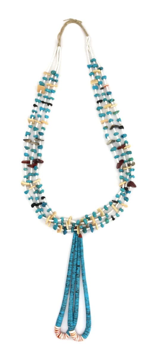 Navajo 3-Strand Multi-Stone Heishi-Style Necklace with Jocla Pendants c. 1950-60s, 42" length. (J14512) 1