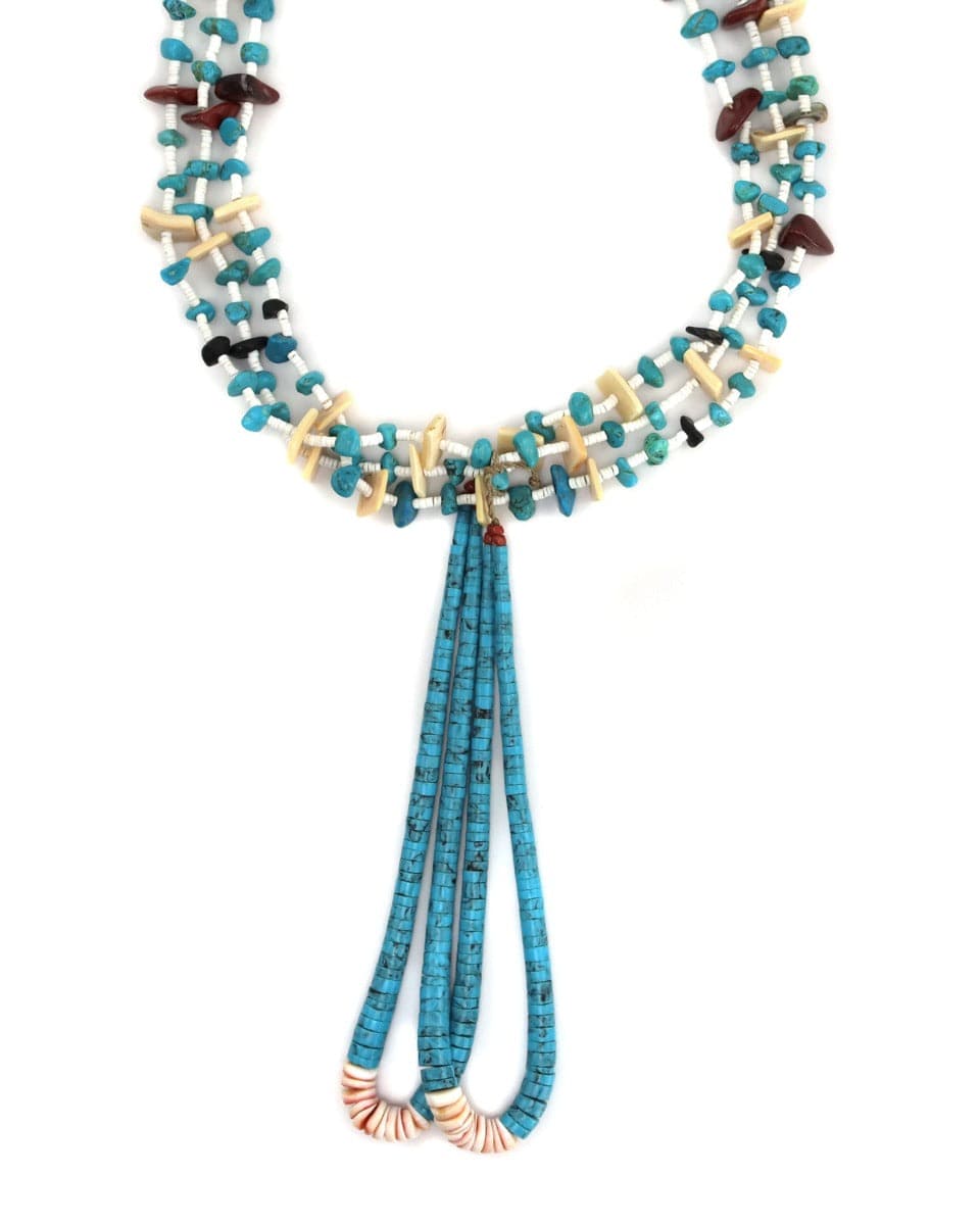 Navajo 3-Strand Multi-Stone Heishi-Style Necklace with Jocla Pendants c. 1950-60s, 42" length. (J14512)