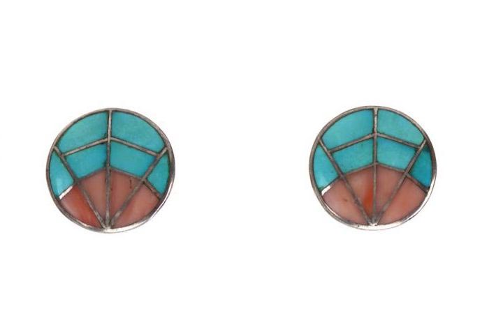 Zuni Turquoise and Spiny Oyster Channel Inlay and Silver Clip on Earrings with Spiderweb Design c.1960s, 0.875" diameter (J14759-CO-064)
