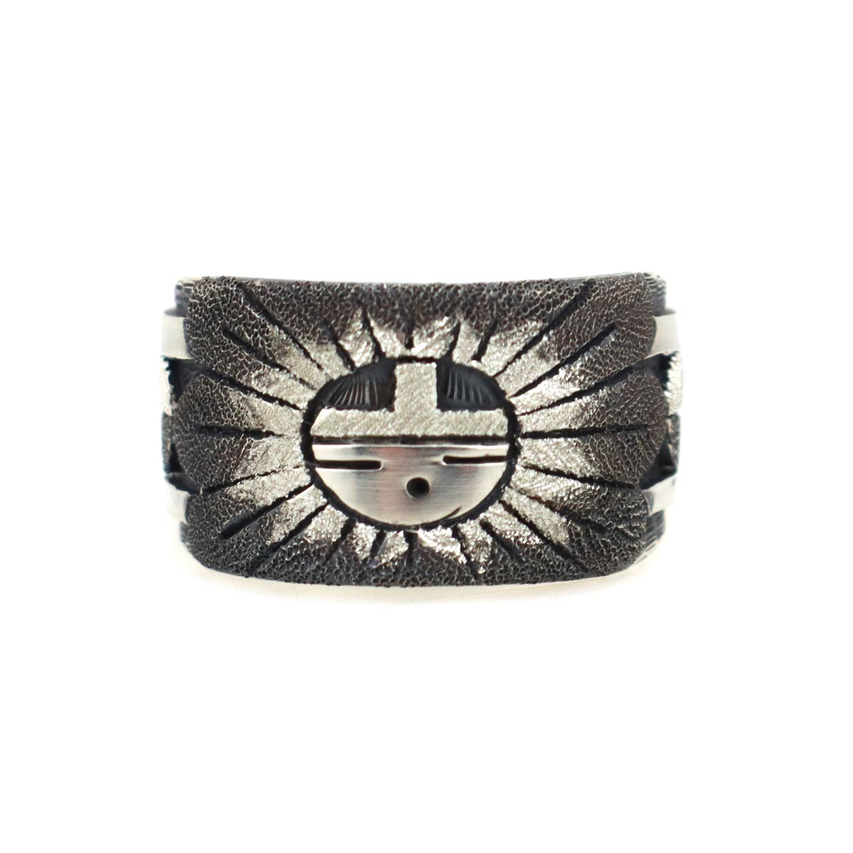 Ronald Wadsworth - Hopi Contemporary Sterling Silver Overlay Ring with Sunface Kachina Design, size 9.75 (J14772)