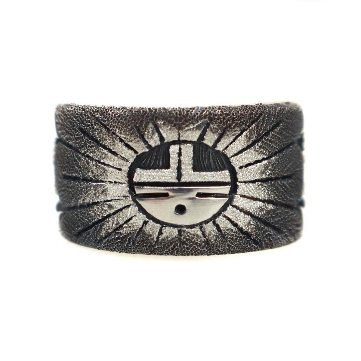 Ronald Wadsworth - Hopi Contemporary Sterling Silver Overlay Ring with Sunface Kachina Design, size 9 (J14773)