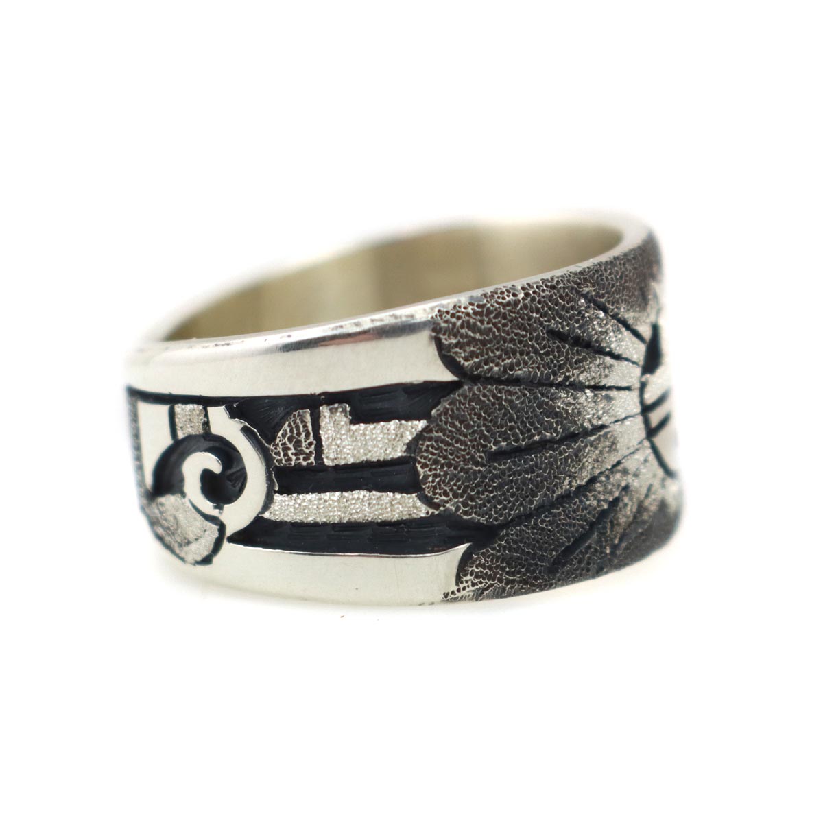Ronald Wadsworth - Hopi Contemporary Sterling Silver Overlay Ring with Sunface Kachina Design, size 9 (J14773) 1