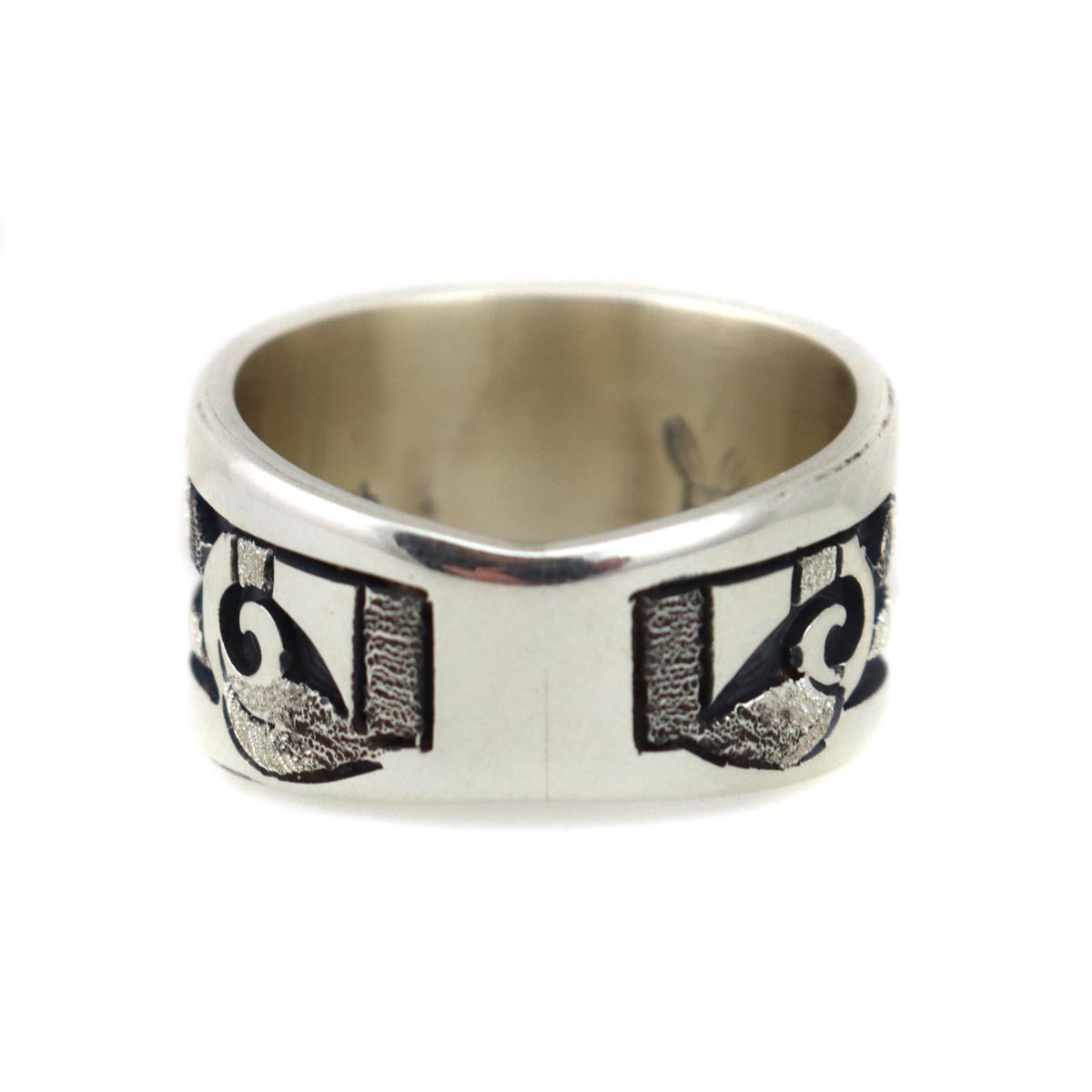 Ronald Wadsworth - Hopi Contemporary Sterling Silver Overlay Ring with Sunface Kachina Design, size 9 (J14773)  2