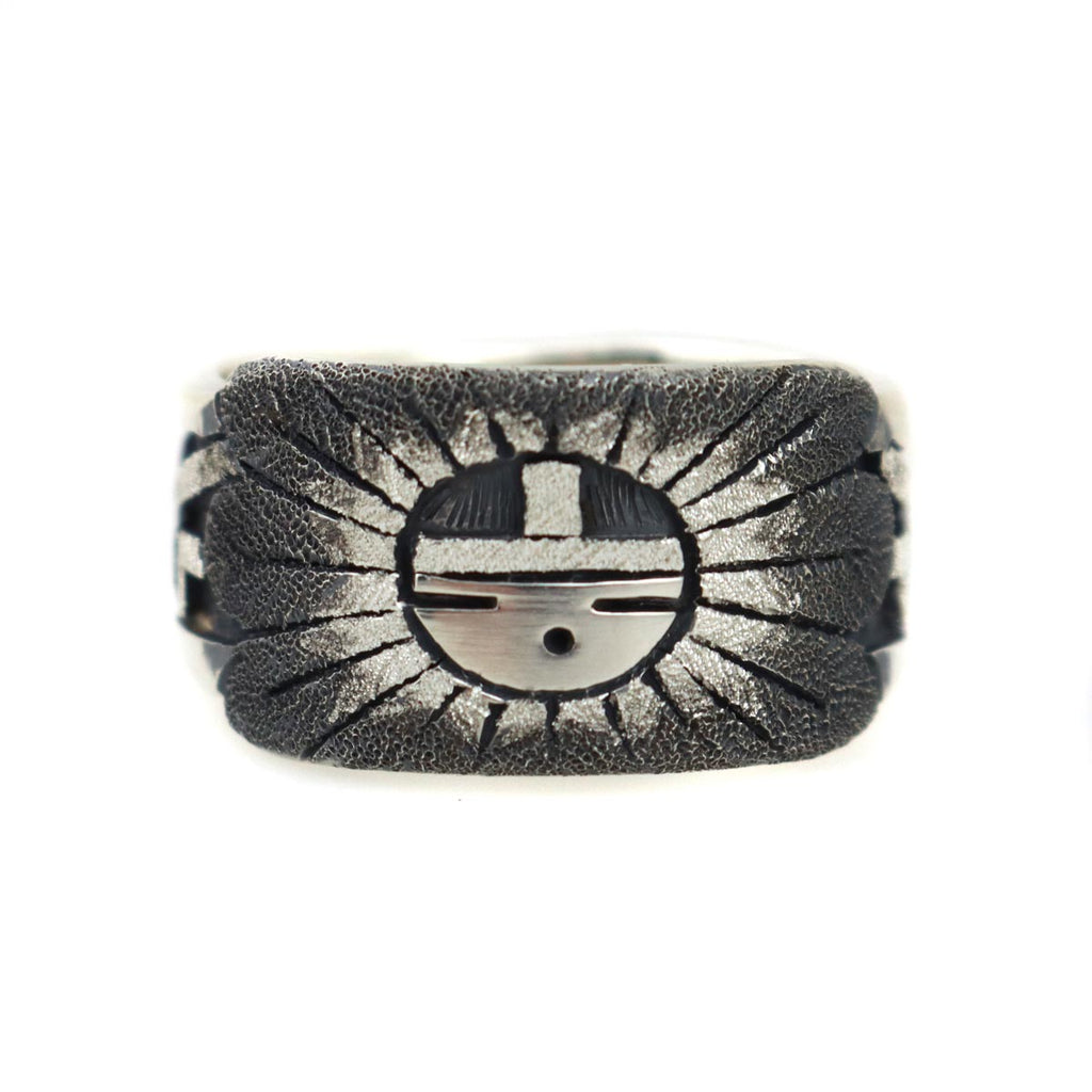 Ronald Wadsworth - Hopi Contemporary Sterling Silver Overlay Ring with Sunface Kachina Design, size 10.75 (J14774)