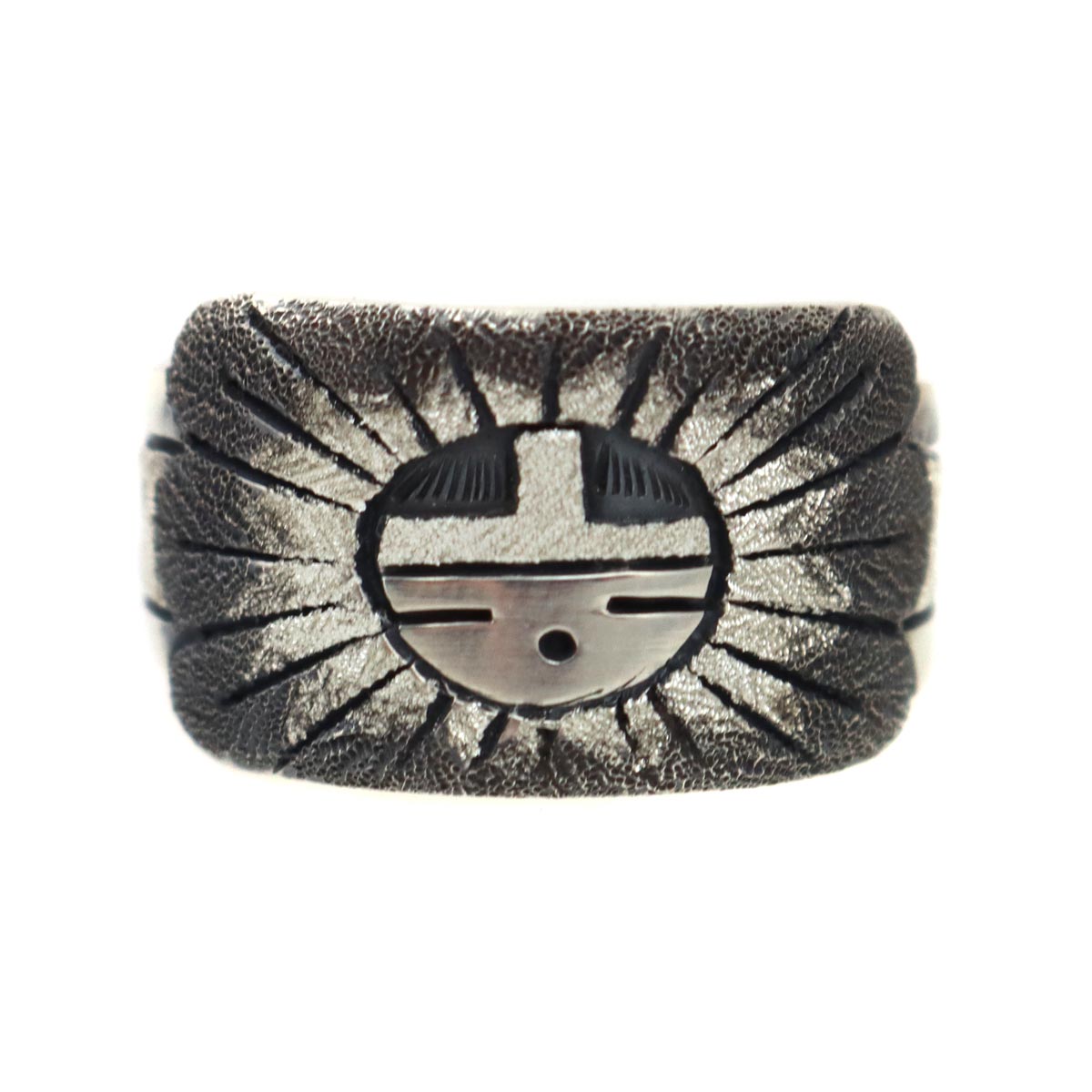 Ronald Wadsworth - Hopi Contemporary Sterling Silver Overlay Ring with Sunface Kachina Design, size 8 (J14777)
