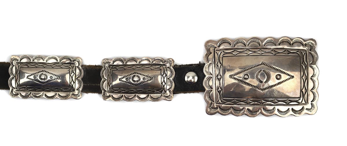 Navajo Silver and Leather Concho Belt with Stamped Design c. 1990s, 36" to 46" waist (J14778-026)1
