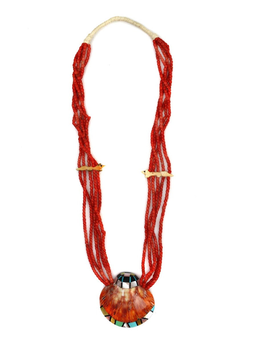 Santo Domingo (Kewa) 5-Strand Coral Beaded Necklace with Animal Fetishes and Multi-Stone Inlay Spiny Oyster Shell Pendant c. 1970-80s, 28" length, 2.75" x 2.75" pendant (J14778-037)
