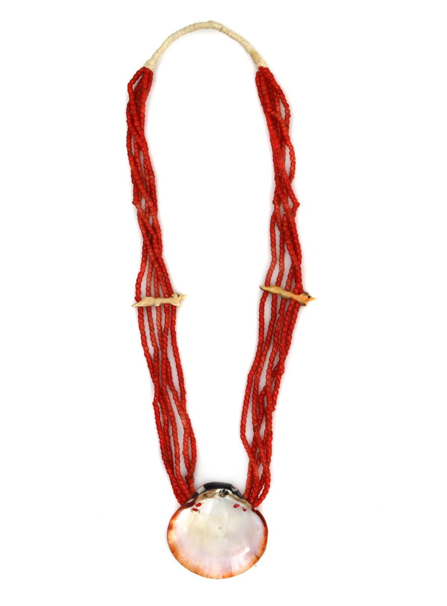 Santo Domingo (Kewa) 5-Strand Coral Beaded Necklace with Animal Fetishes and Multi-Stone Inlay Spiny Oyster Shell Pendant c. 1970-80s, 28" length, 2.75" x 2.75" pendant (J14778-037)4
