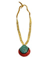 Santo Domingo (Kewa) Spiny Oyster Shell Pendant with Turquoise and Jet Cobble Inlay with Leather Band c. 1940s, 2.75" x 2.75" pendant (J14778-038)
