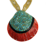 Santo Domingo (Kewa) Spiny Oyster Shell Pendant with Turquoise and Jet Cobble Inlay with Leather Band c. 1940s, 2.75" x 2.75" pendant (J14778-038)1
