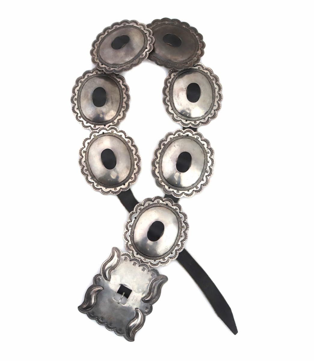 Attributed to Jonathan Platero - Navajo Silver and Leather Concho Belt c. 1950s, 29" to 34" waist (J14779)
