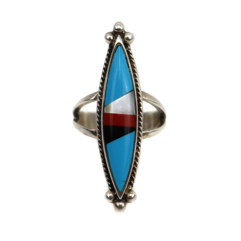 Navajo Multi-Stone Inlay and Silver Ring c. 1980s, size 4.5 (J14804) 