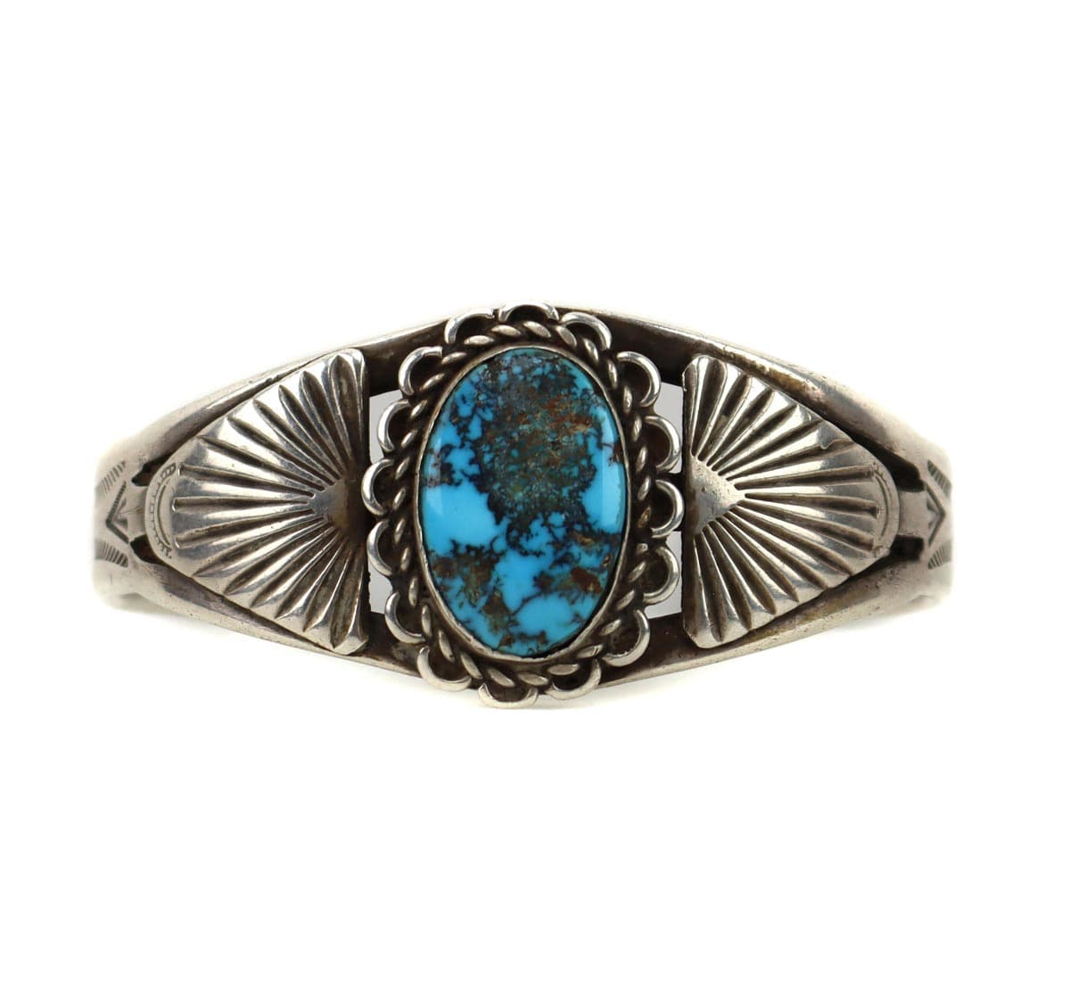 Navajo Turquoise and Silver Bracelet with Stamped Design c. 1940s, size 6.75 (J14853)

