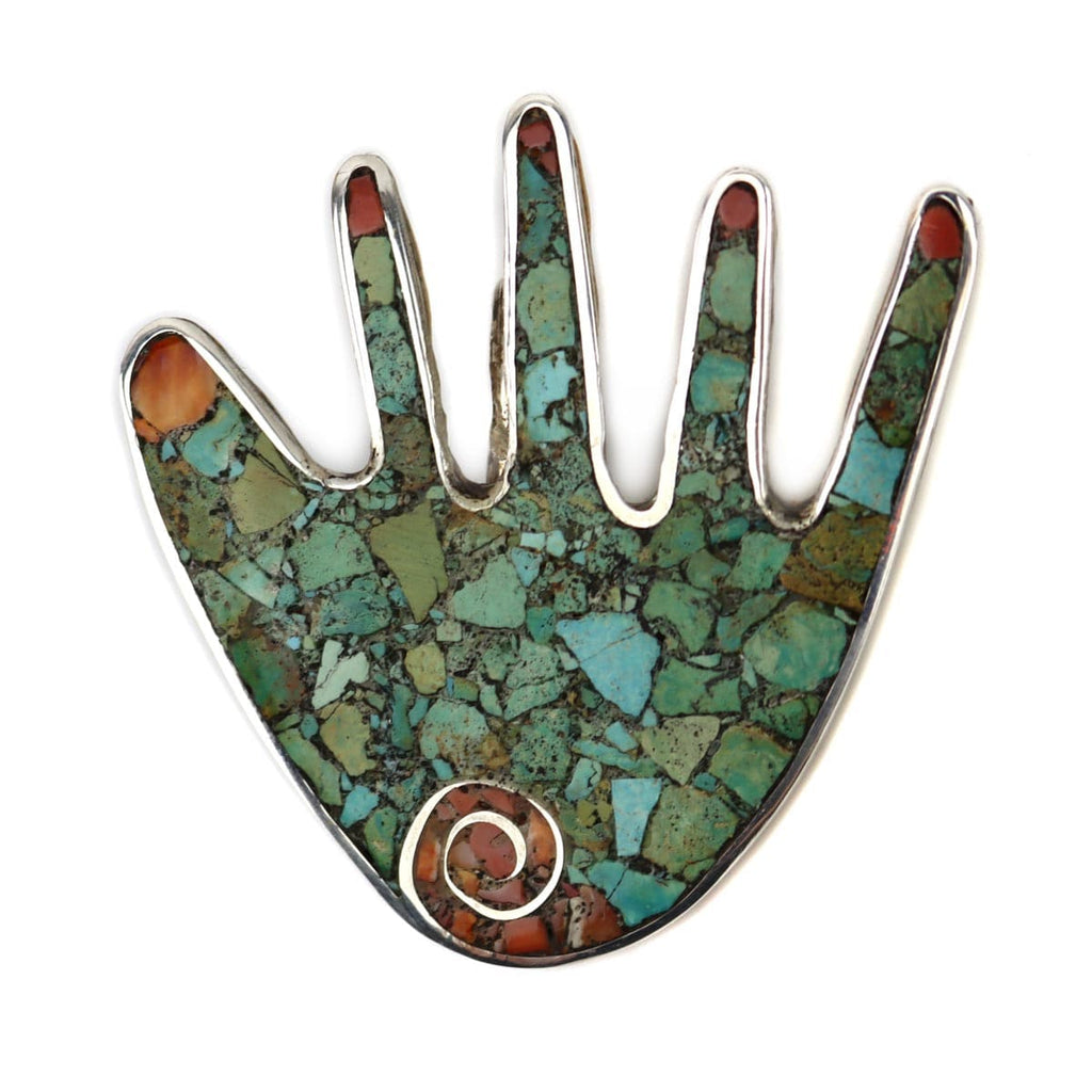 Mary C. Aguilar - Santo Domingo (Kewa) Contemporary Turquoise, Spiny Oyster, and Silver Mosaic Inlay Hand Pendant, 2.375" x 2.375" (J14865)
