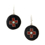 Mary C. Aguilar - Santo Domingo (Kewa) Contemporary Multi-Stone Mosaic Inlay and Silver Hook Earrings with Cross Design, 2" x 1" (J14886)