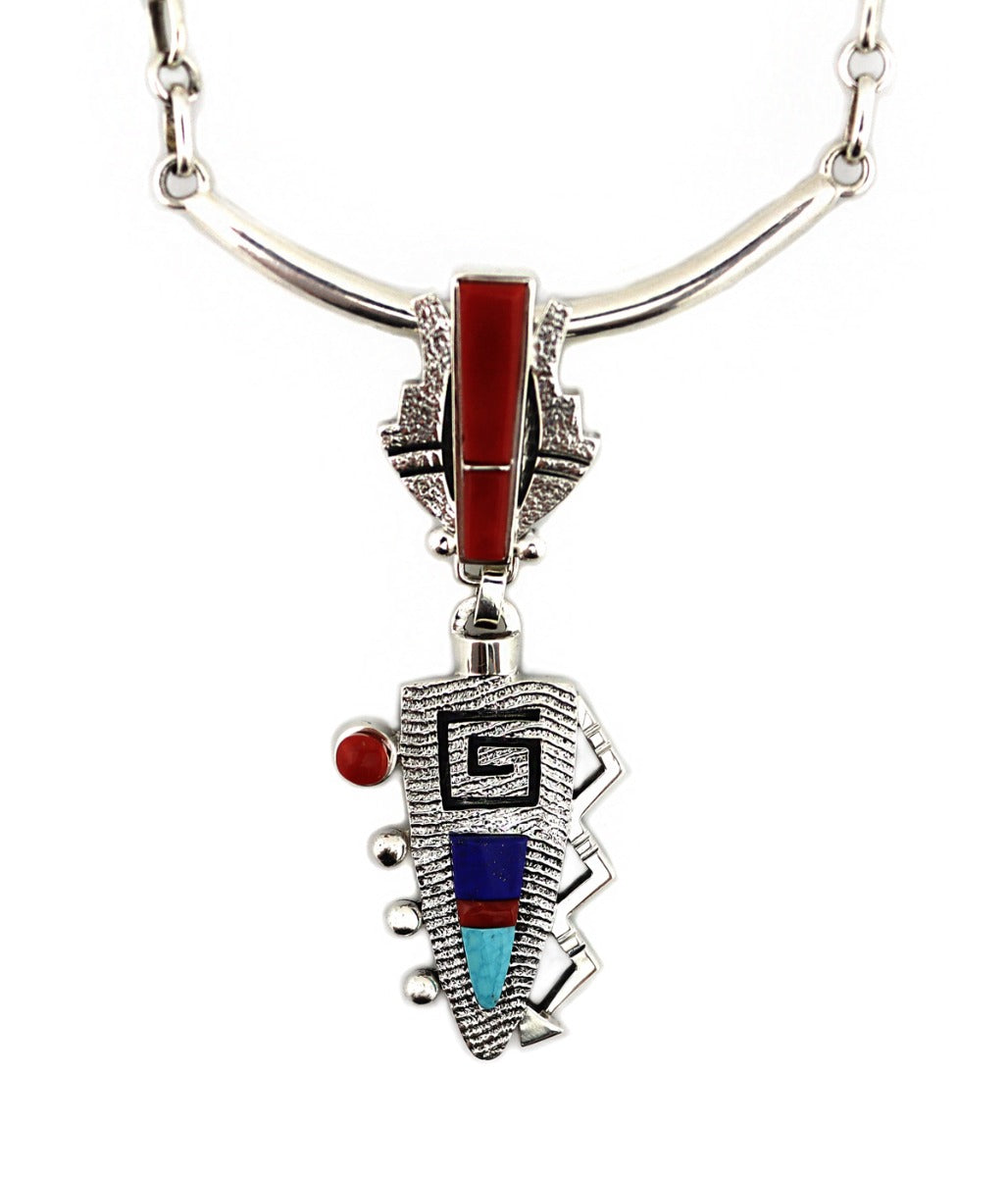 Roy Talahaftewa - Hopi Contemporary Multi-Stone Inlay and Sterling Silver Tufacast Pendant with Handmade Silver Chain, 21" length, 3.25" x 1.125" pendant (J14893)