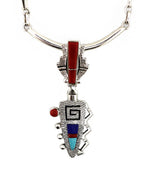 Roy Talahaftewa - Hopi Contemporary Multi-Stone Inlay and Sterling Silver Tufacast Pendant with Handmade Silver Chain, 21" length, 3.25" x 1.125" pendant (J14893)