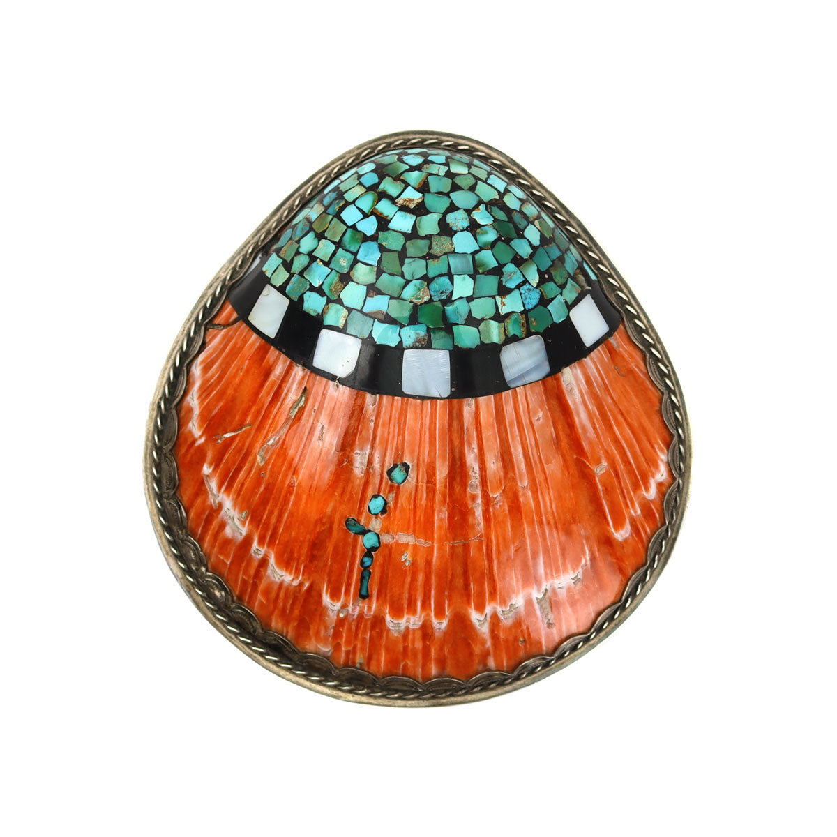 Santo Domingo (Kewa) Spiny Oyster Shell with Multi-Stone Inlay and Silver Lidded Box c. 1940-50s, 3.25" x 4.5" x 4.125" (J14924-043) 2