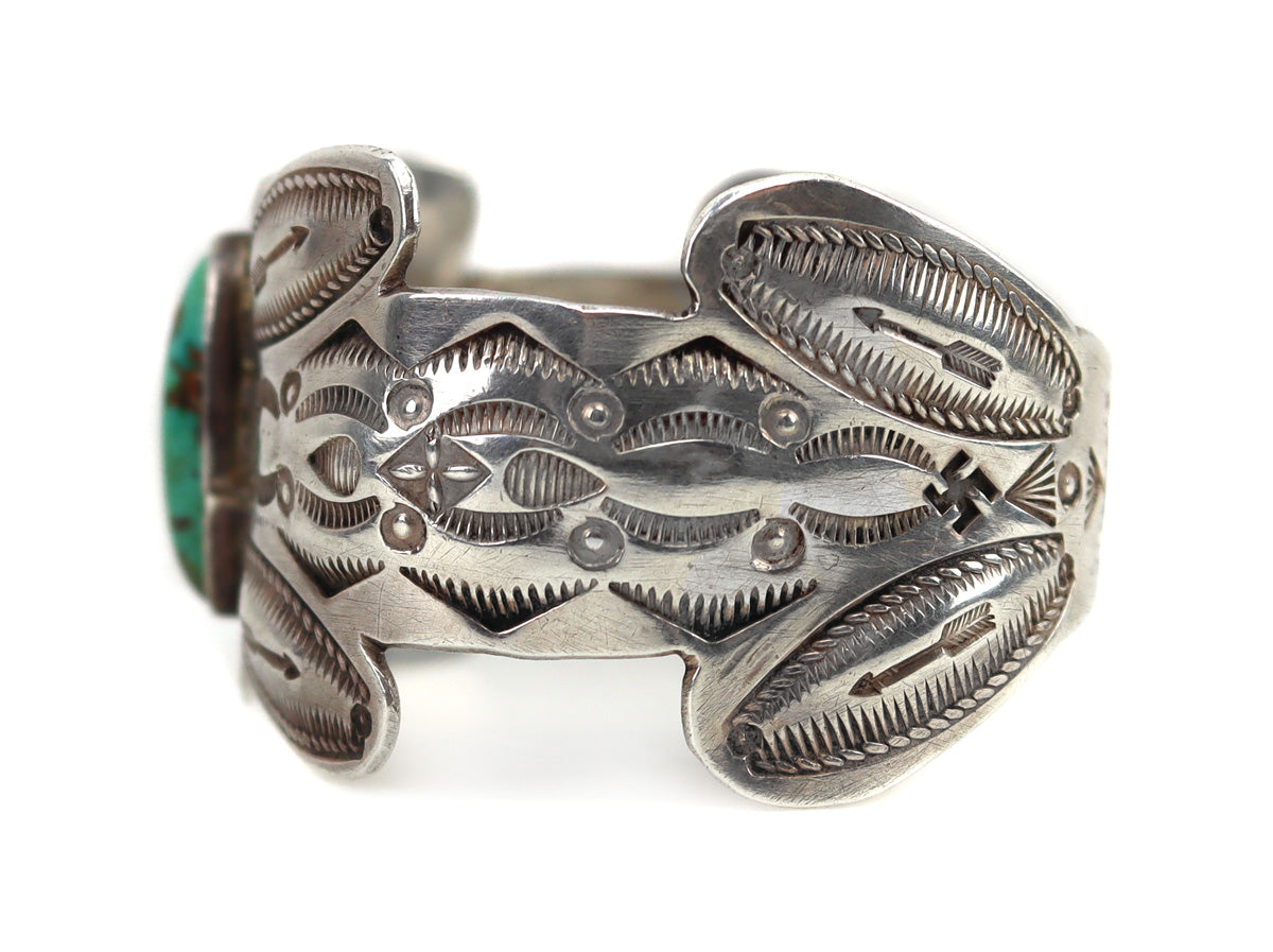 William Goodluck - Navajo Turquoise and Silver Bracelet with Stamped Design c. 1929-30, size 6.5 (J14925) 3