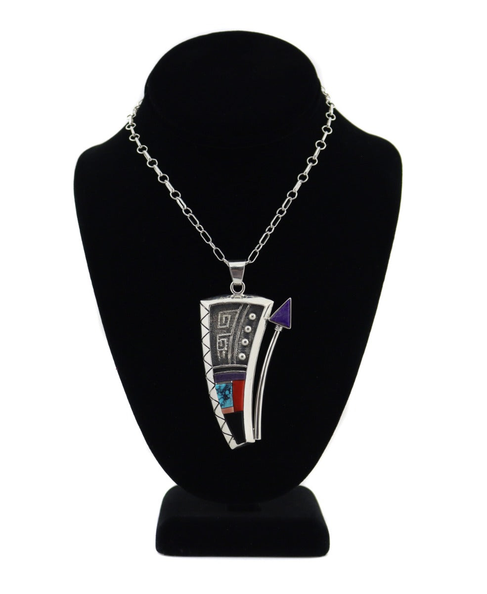 Roy Talahaftewa - Hopi Contemporary Multi-Stone and Sterling Silver Tufacast Lone Arrow Design Necklace, 20" length, 3.5" x 1.75" pendant (J14998)
