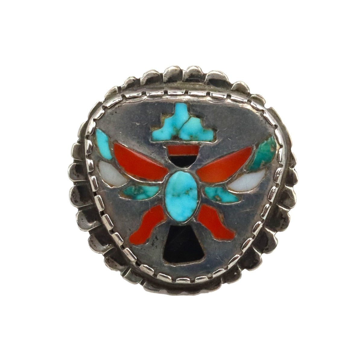 Zuni Multi-Stone Inlay and Silver Ring with Knifewing God Design c. 1950s, size 7.75 (J15076-CO-014)