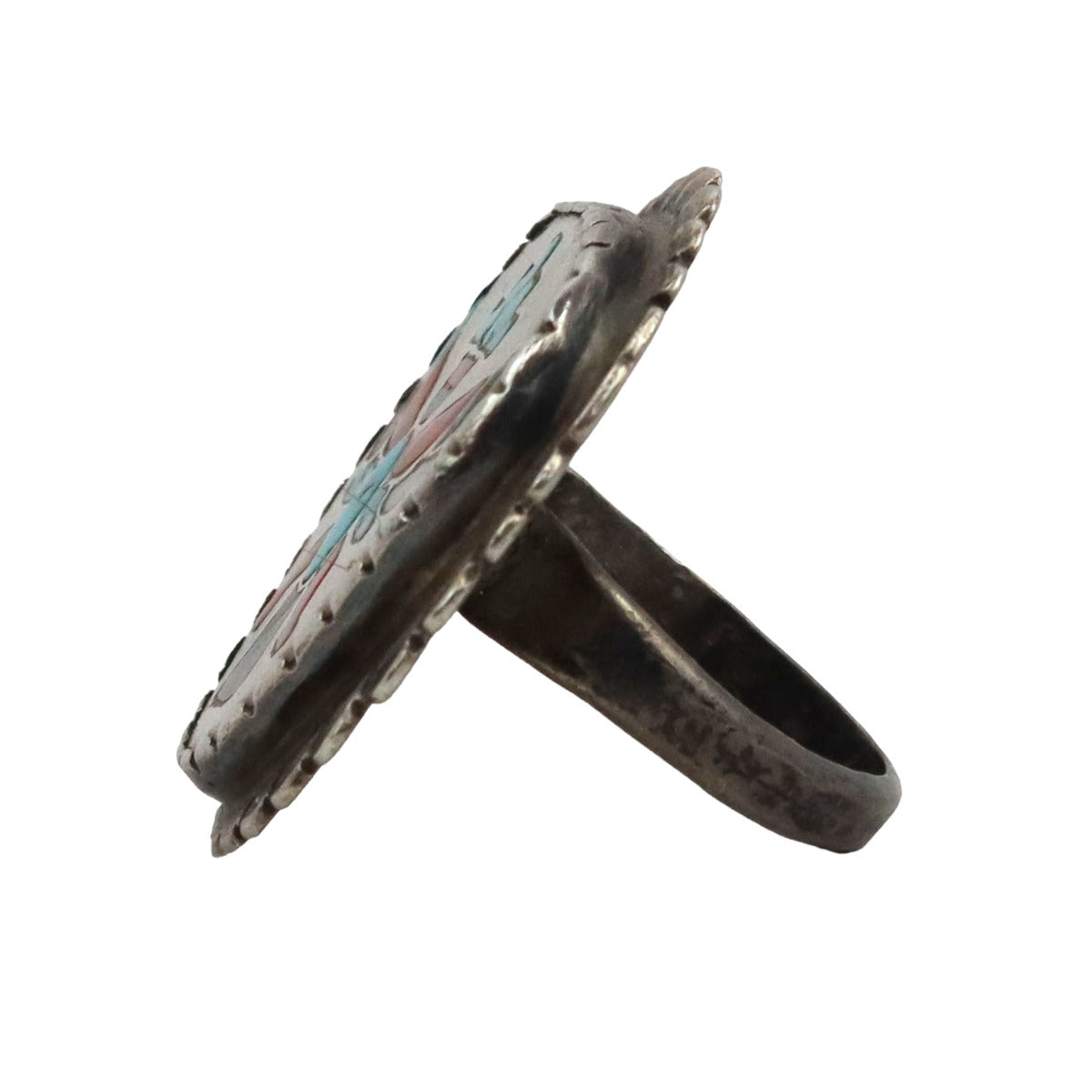 Zuni Multi-Stone Inlay and Silver Ring with Knifewing God Design c. 1950s, size 7.75 (J15076-CO-014) 3