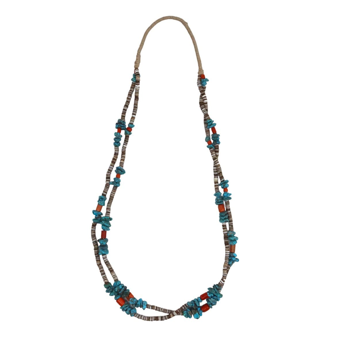 Navajo 2-Strand Turquoise Nugget, Coral, and Pinshell Heishi Necklace c. 1960s, 30" length (J15076-CO-021)