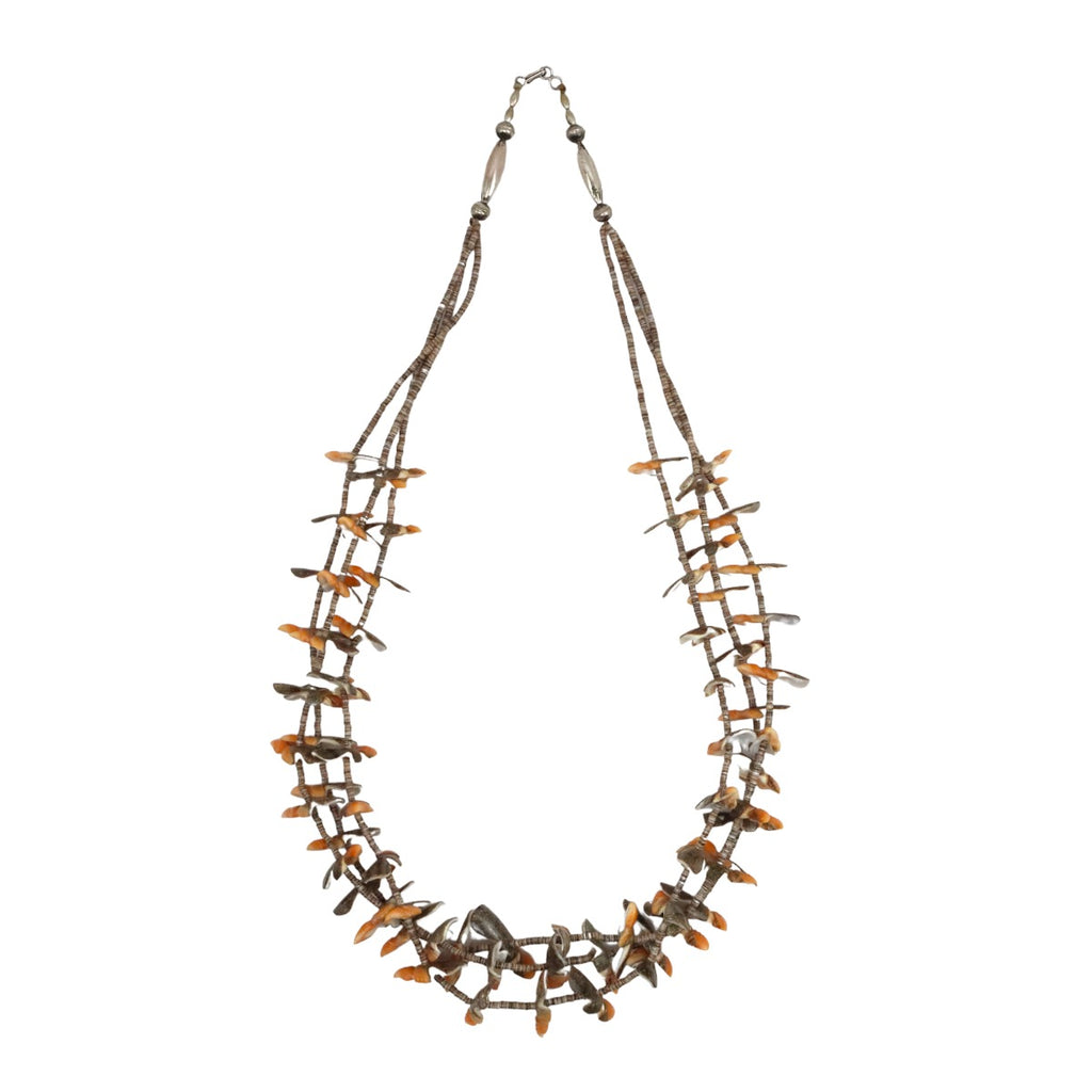 Santo Domingo (Kewa) or Zuni 3-Strand Spiny Oyster Fetish and Pinshell Heishi Necklace c. 1970s, 29" length (J15076-CO-024)
