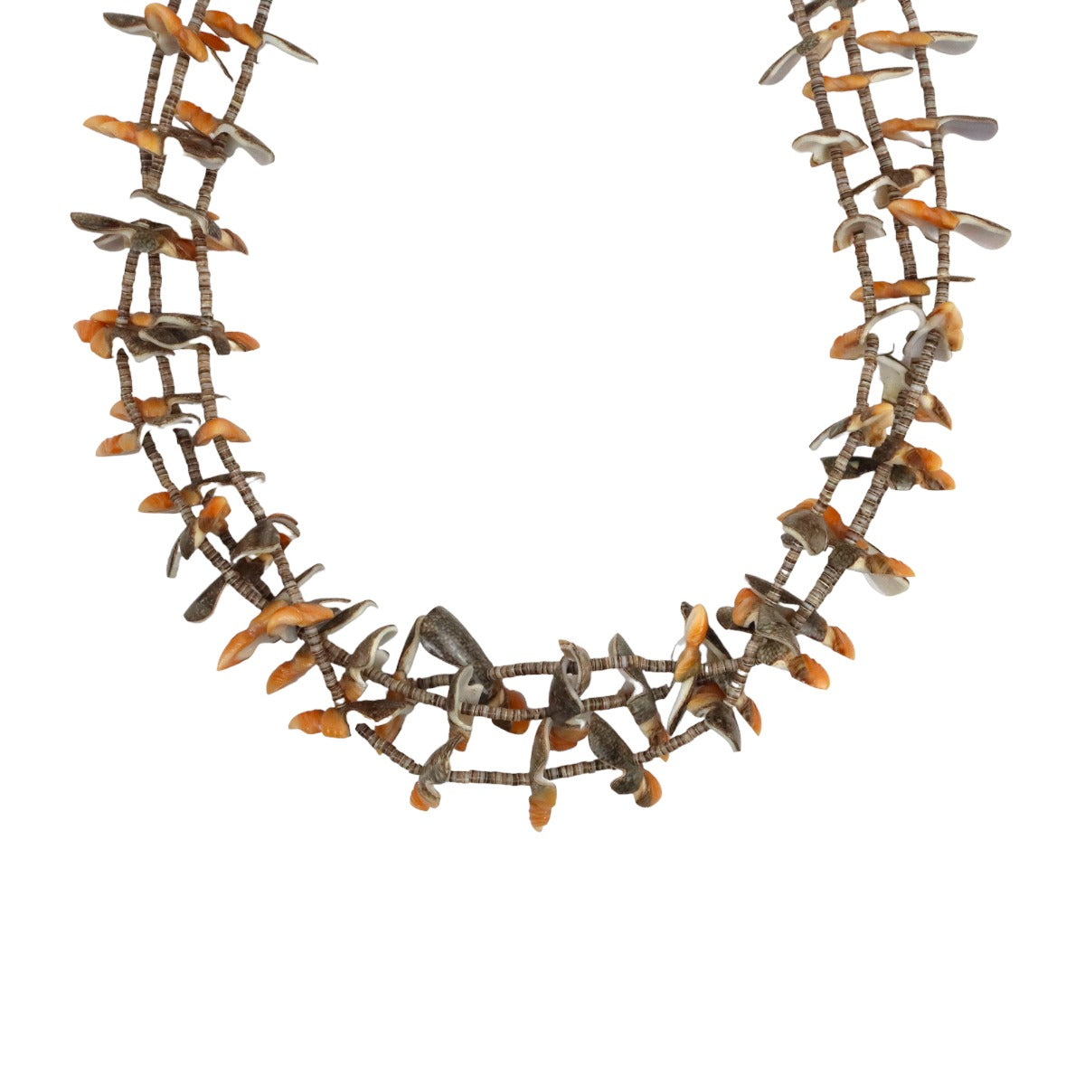 Santo Domingo (Kewa) or Zuni 3-Strand Spiny Oyster Fetish and Pinshell Heishi Necklace c. 1970s, 29" length (J15076-CO-024) 1