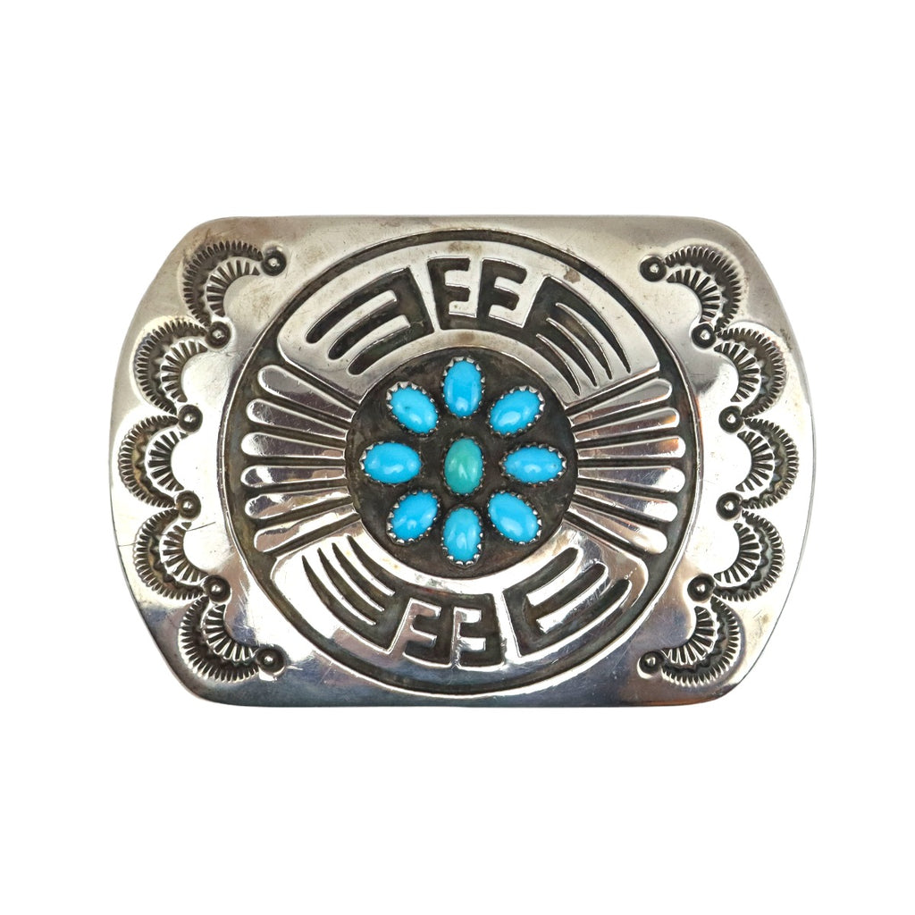 Rosco Scott - Navajo Turquoise Cluster and Silver Overlay Belt Buckle c. 1990s, 2.125" x 3" (J15076-CO-030)