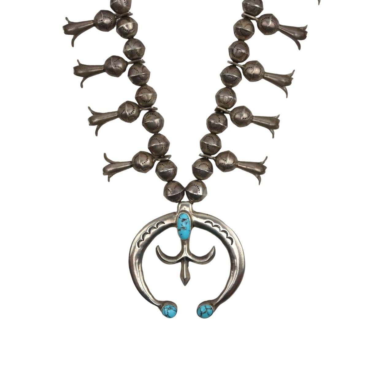 Navajo Number 8 Turquoise and Silver Beaded Squash Blossom Necklace c. 1940-50s, 25" length (J15076-CO-038) 1
