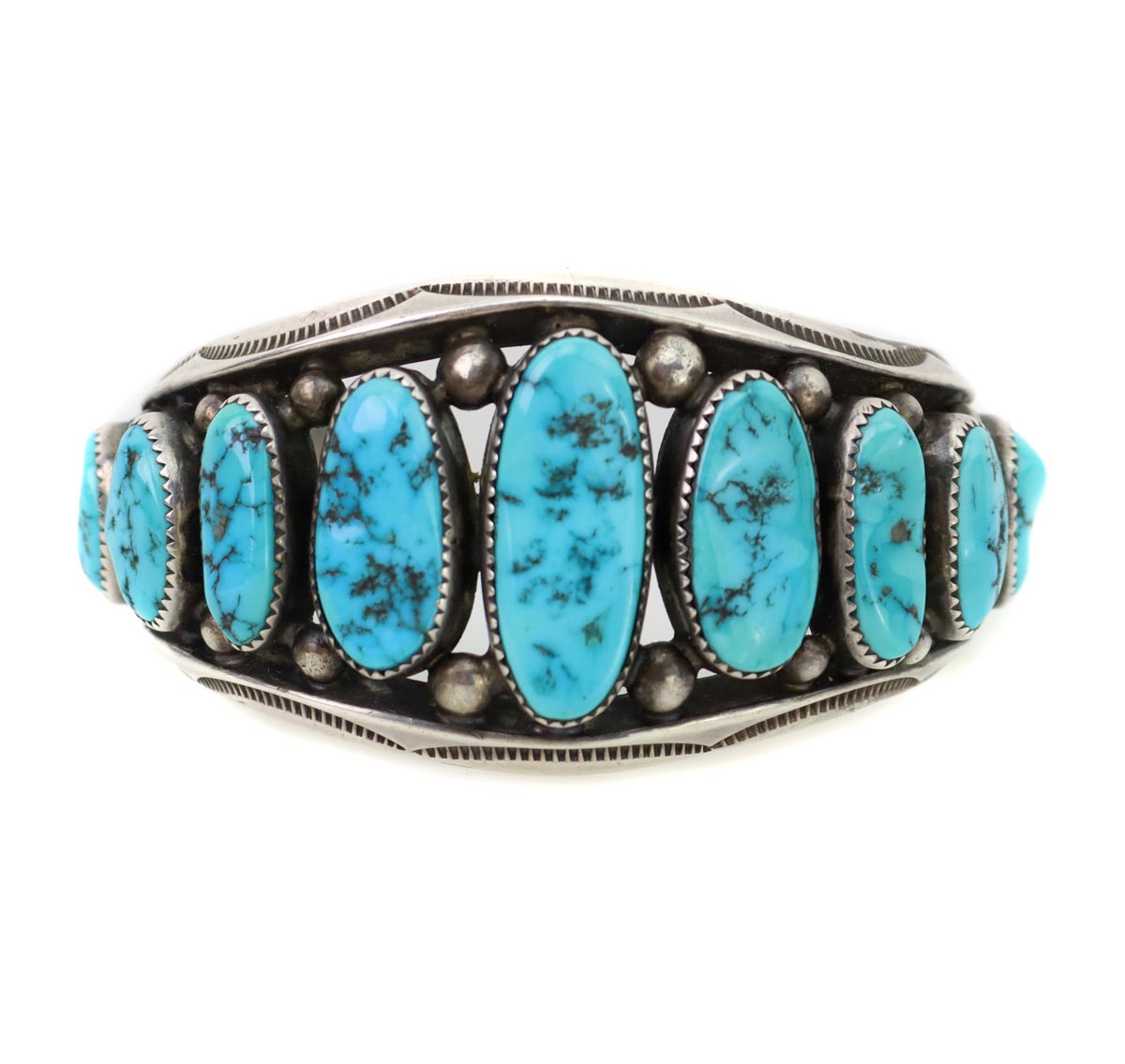 Orville Tsinnie (1943-2017) - Navajo Turquoise and Sterling Silver Bracelet with Stamped Design c. 1990-2000s, size 6.75 (J15079)
