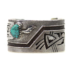 Roy Talahaftewa - Hopi Contemporary Turquoise and Sterling Silver Overlay Bracelet with Feather Design, size 7 (J15119) 
