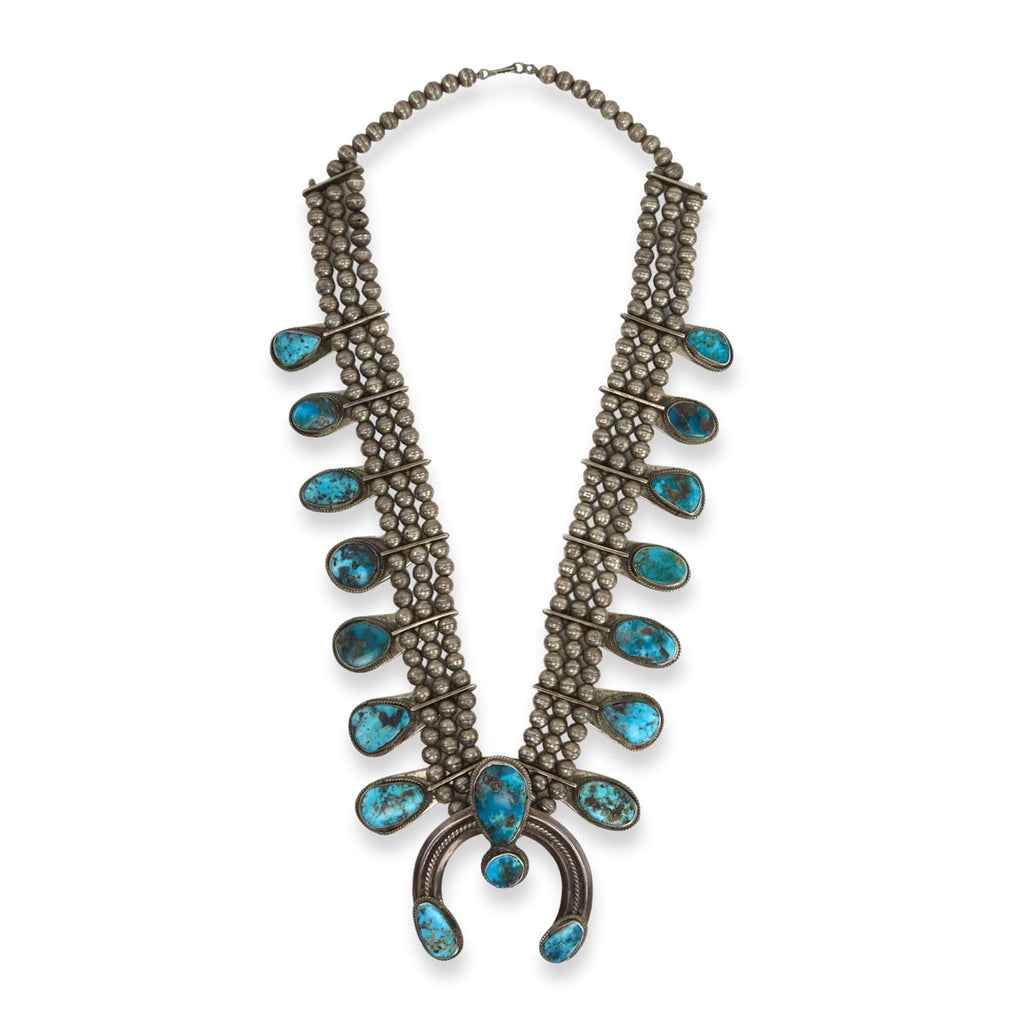 Navajo Turquoise and Silver Squash Blossom Necklace c. 1940-50s, 26" length (J15120-CO-016)