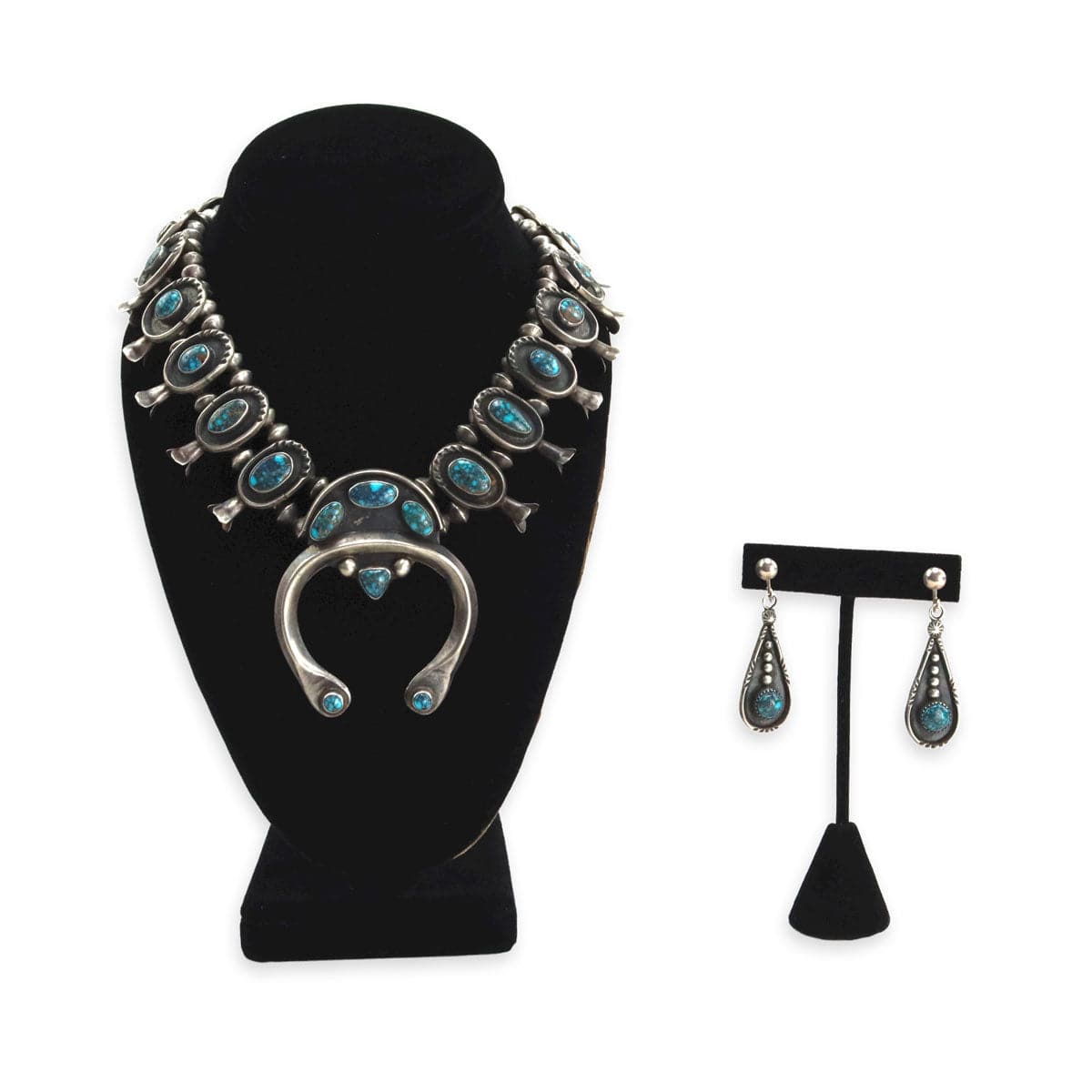 Navajo Lone Mountain Turquoise and Silver Squash Blossom Necklace and Earrings Set c. 1950s (J15120-CO-027)